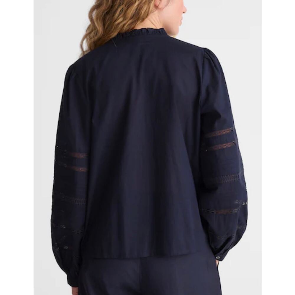 Madewell Navy Pintuck Lace Insert Blouse Ruffle Neck Boho Cottagecore Top L - Picture 5 of 13